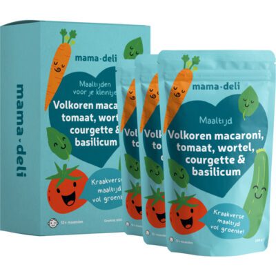 Mama Deli maaltijd volkoren macaroni, tomaat, wortel, courgette & basilicum 12+ mnd