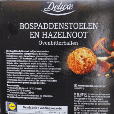 Lidl Deluxe ovenbitterballen bospaddenstoelen en hazelnoot