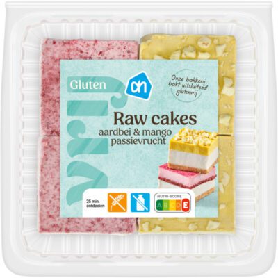 AH glutenvrij raw cakes aardbei en passievrucht mango