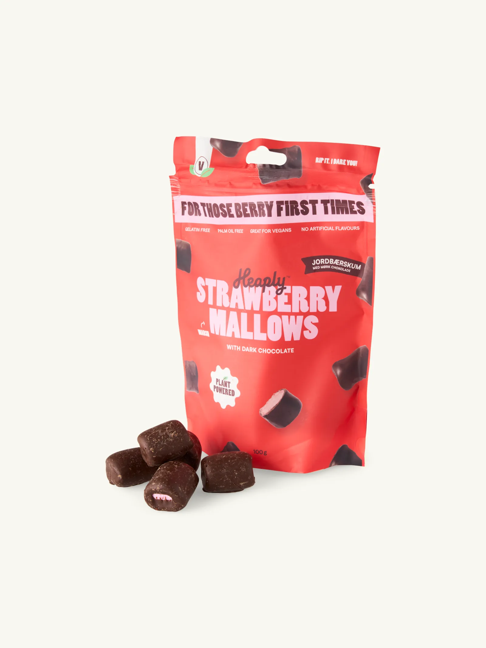 Heaply aardbeienmarshmallows met pure chocolade
